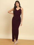 TRENDARREST Burgundy Split Thigh Dress